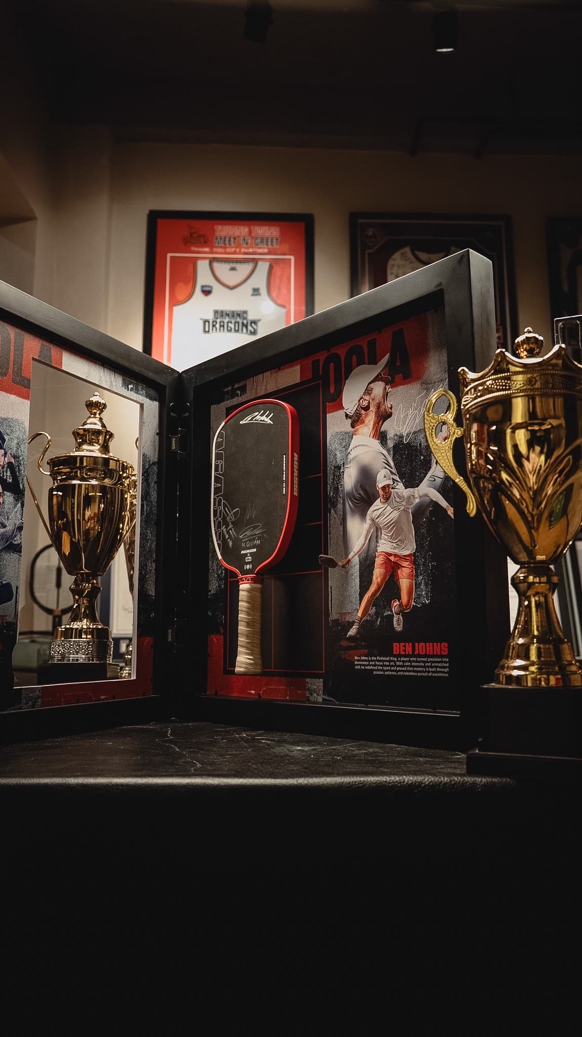 Framed sports memorabilia with a signed racket and trophies